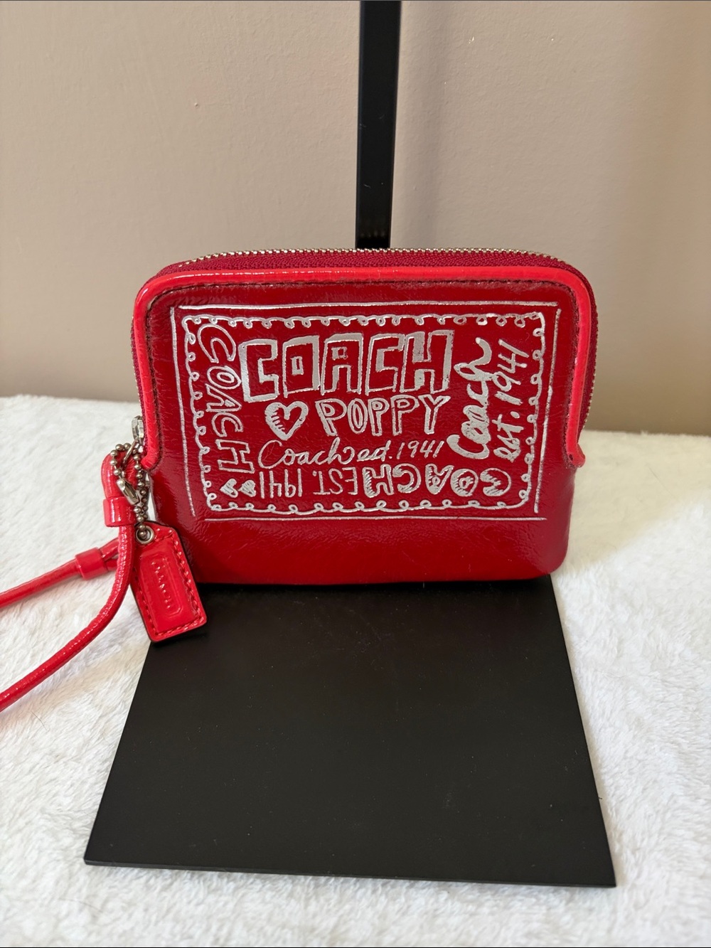 Coach Poppy Red Mini Zip Wristlet with White Logo Art